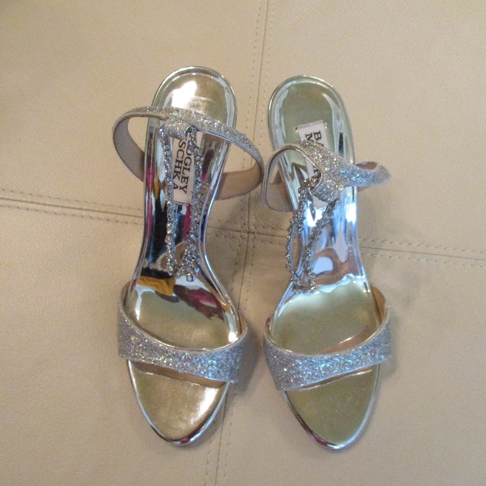 Badgley Mischka Silver Heels with Rhinestone Ankle Strap